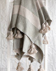 Moroccan Pom Pom Throw Blanket - Cream+Sage Stripe