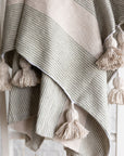 Moroccan Pom Pom Throw Blanket - Cream+Sage Stripe