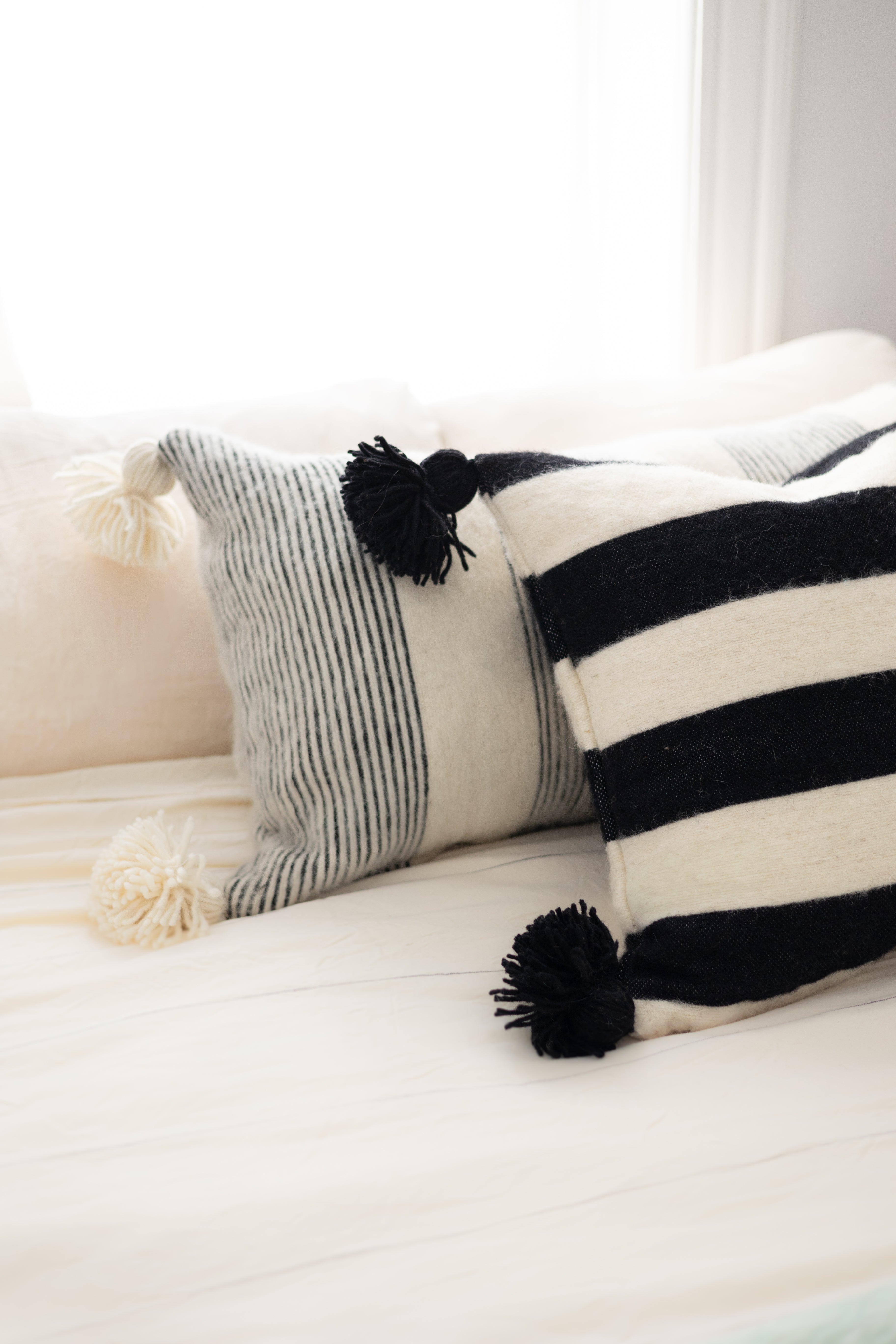 Wool Pom-Pom Lumbar Pillow Black Pinstripe Decorative Bed Pillow