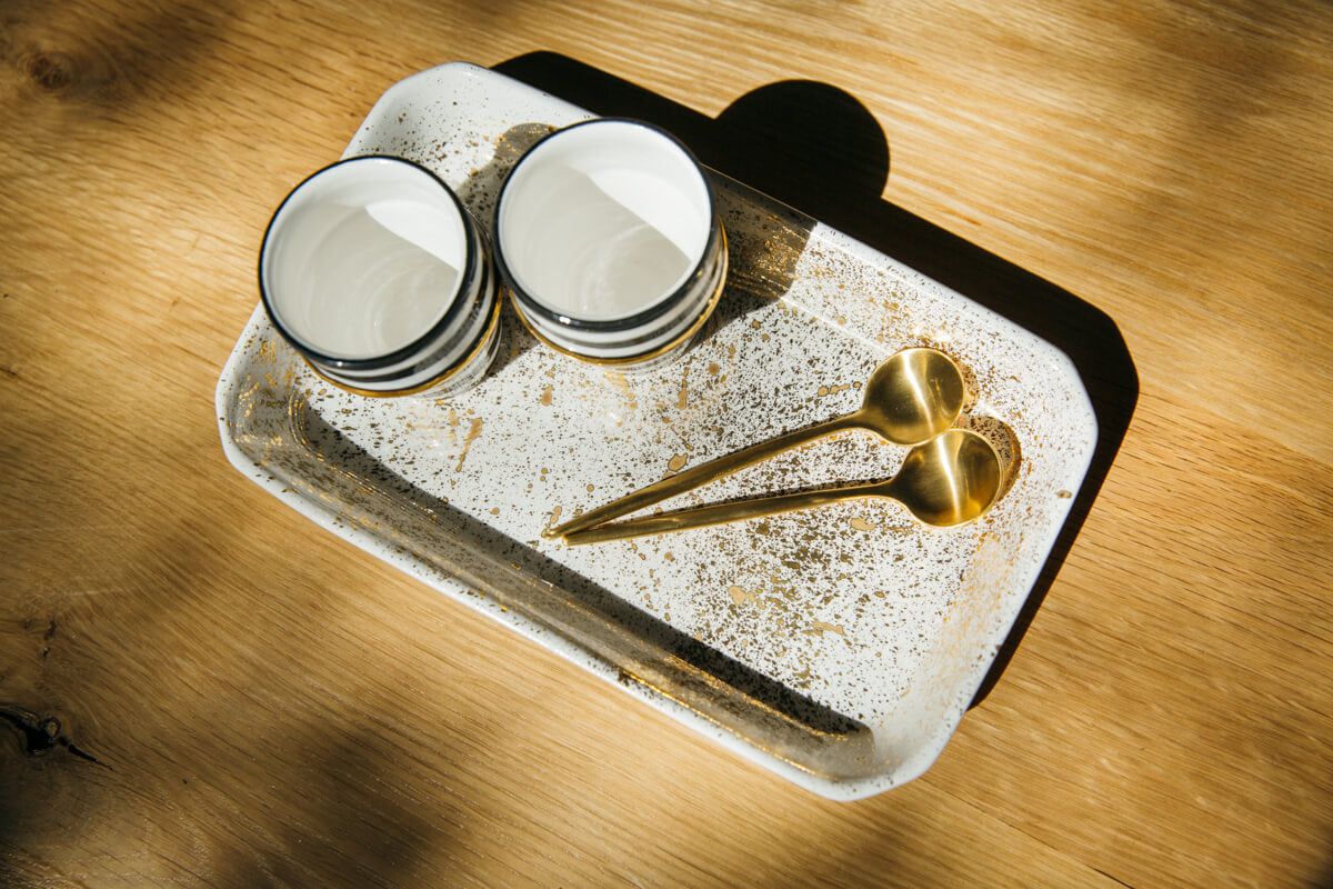 Gift Bundle - Striped Beldi Ceramic Cups & Tray - Black+White with 12k Gold