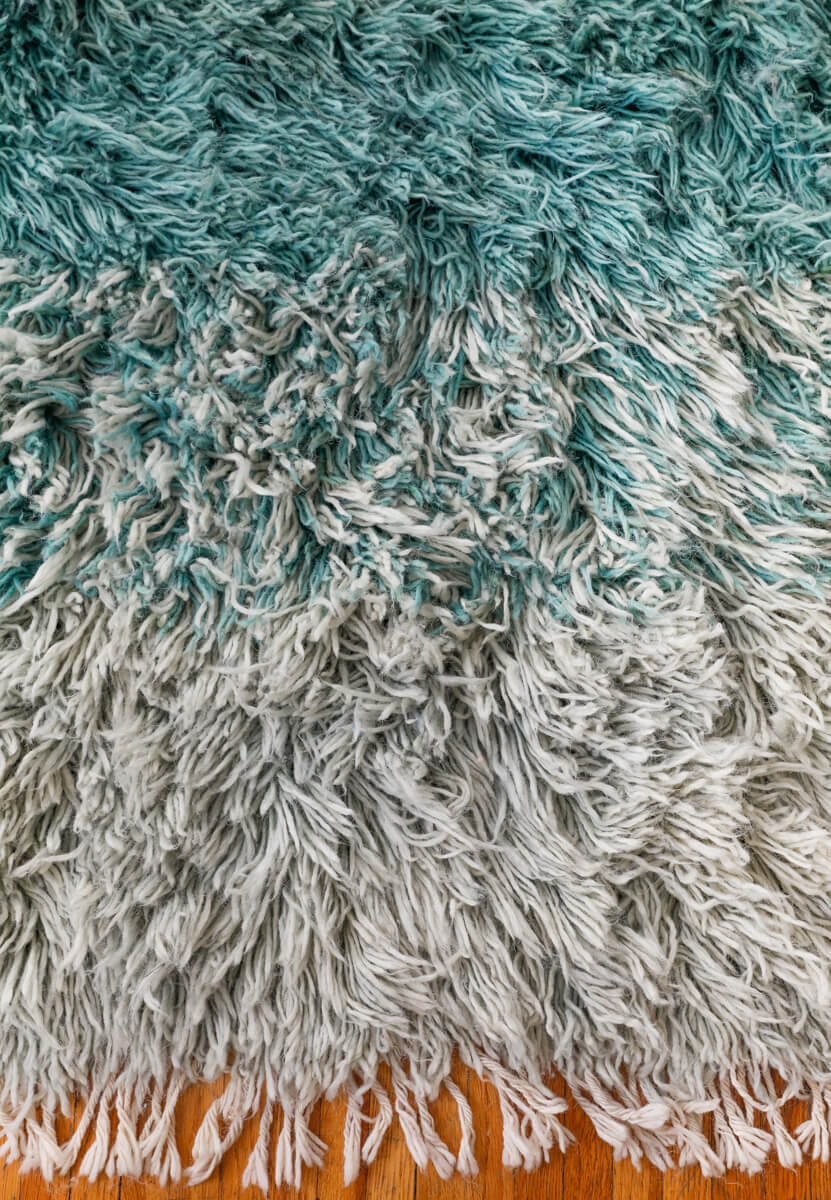 Aquamarine Ombré Ultra Shag Reversible Moroccan Wool Rug - Navy Blue Stripe Back 4'5 x 6