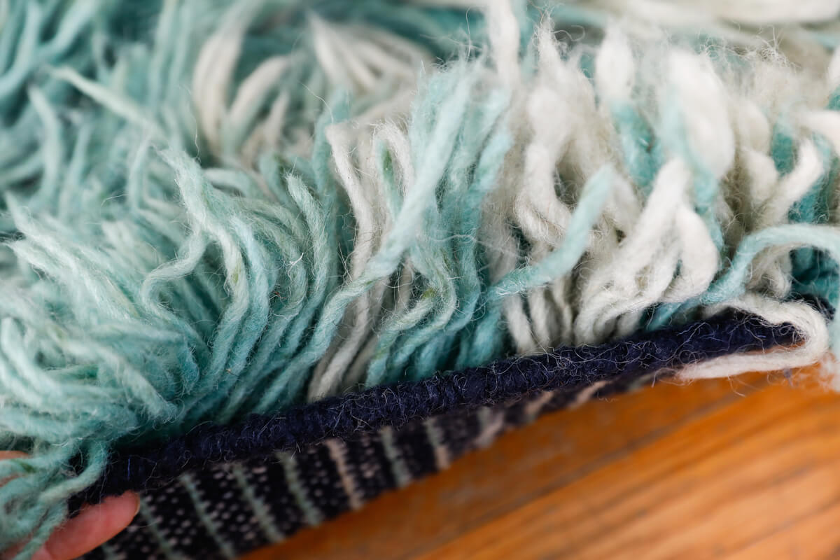 Aquamarine Ombré Ultra Shag Reversible Moroccan Wool Rug - Navy Blue Stripe Back 4'5 x 6