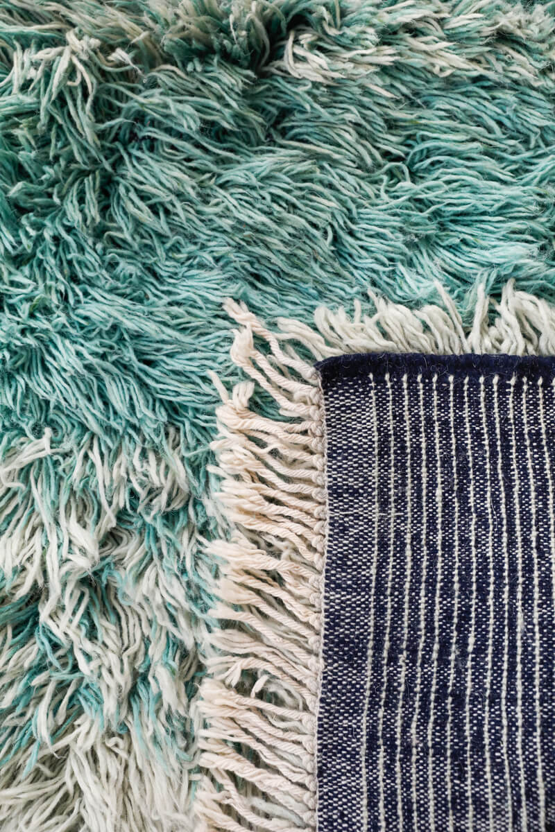 Aquamarine Ombré Ultra Shag Reversible Moroccan Wool Rug - Navy Blue Stripe Back 4'5 x 6