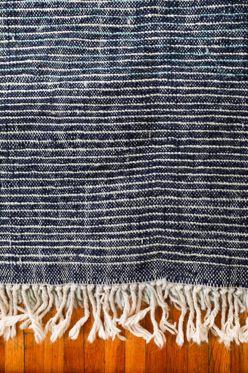 Aquamarine Ombré Ultra Shag Reversible Moroccan Wool Rug - Navy Blue Stripe Back 4'5 x 6