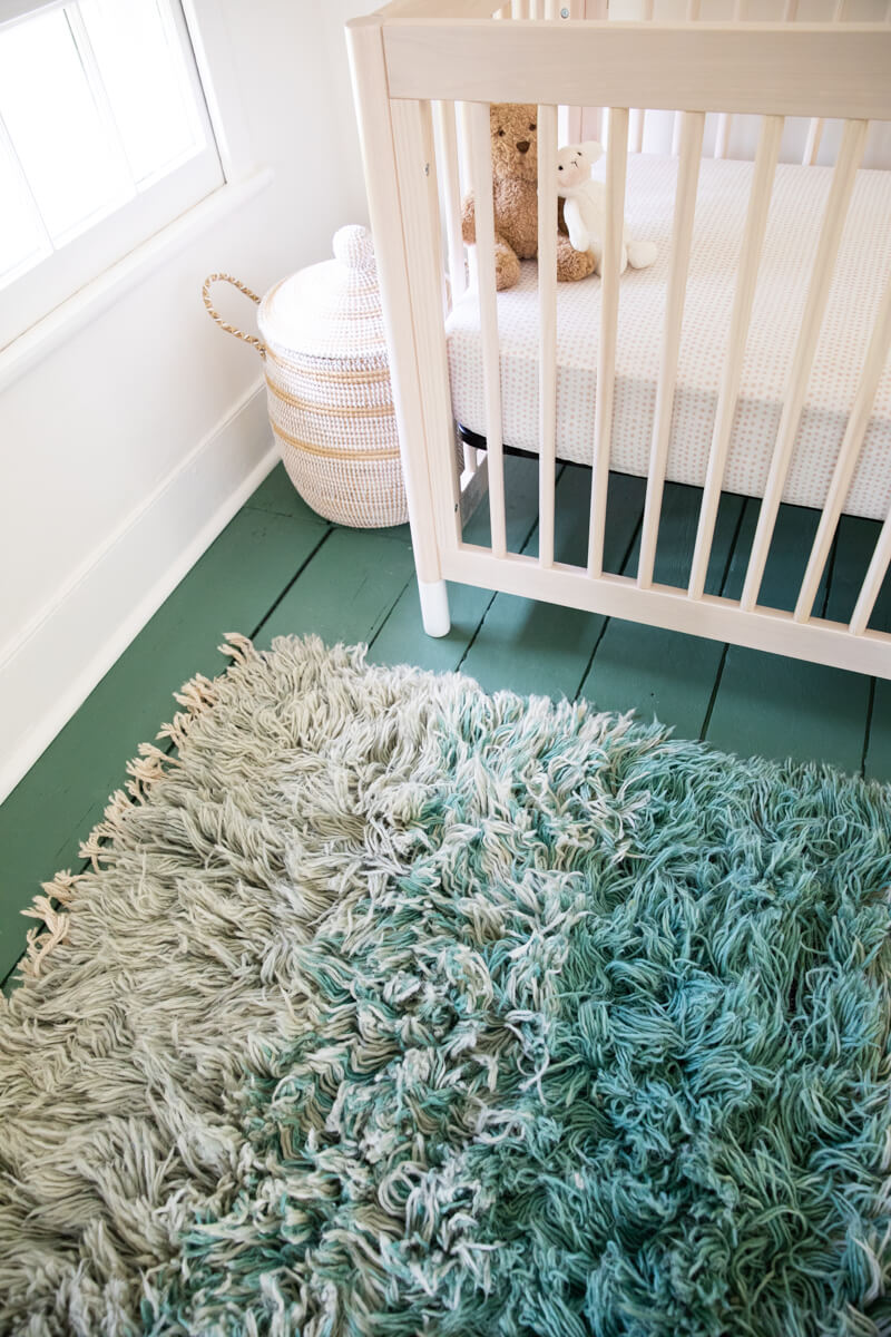 Aquamarine Ombré Ultra Shag Reversible Moroccan Wool Rug - Navy Blue Stripe Back 4'5 x 6