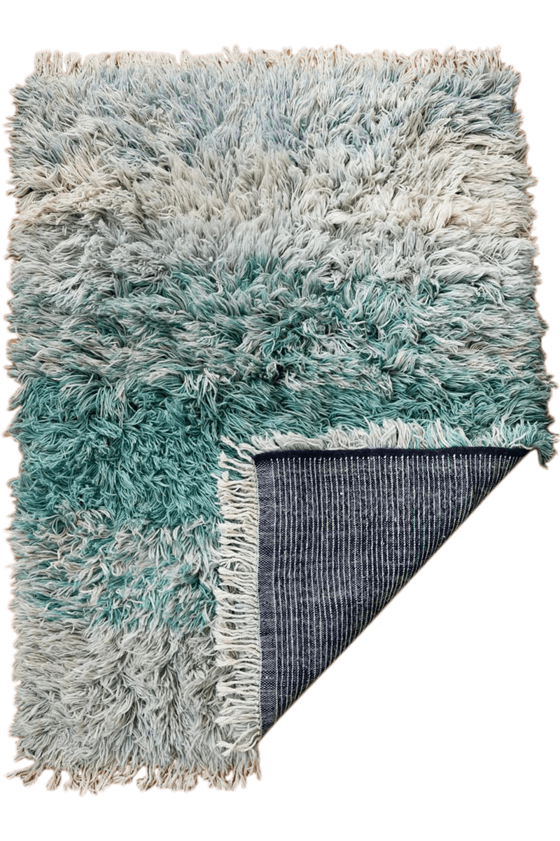Aquamarine Ombré Ultra Shag Reversible Moroccan Wool Rug - Navy Blue Stripe Back 4'5 x 6