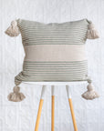 20" Moroccan Pom Pom Pillow - Cream + Sage Stripe
