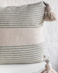 20" Moroccan Pom Pom Pillow - Cream + Sage Stripe