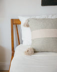 20" Moroccan Pom Pom Pillow - Cream + Sage Stripe