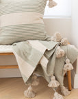 Moroccan Pom Pom Throw Blanket - Cream+Sage Stripe