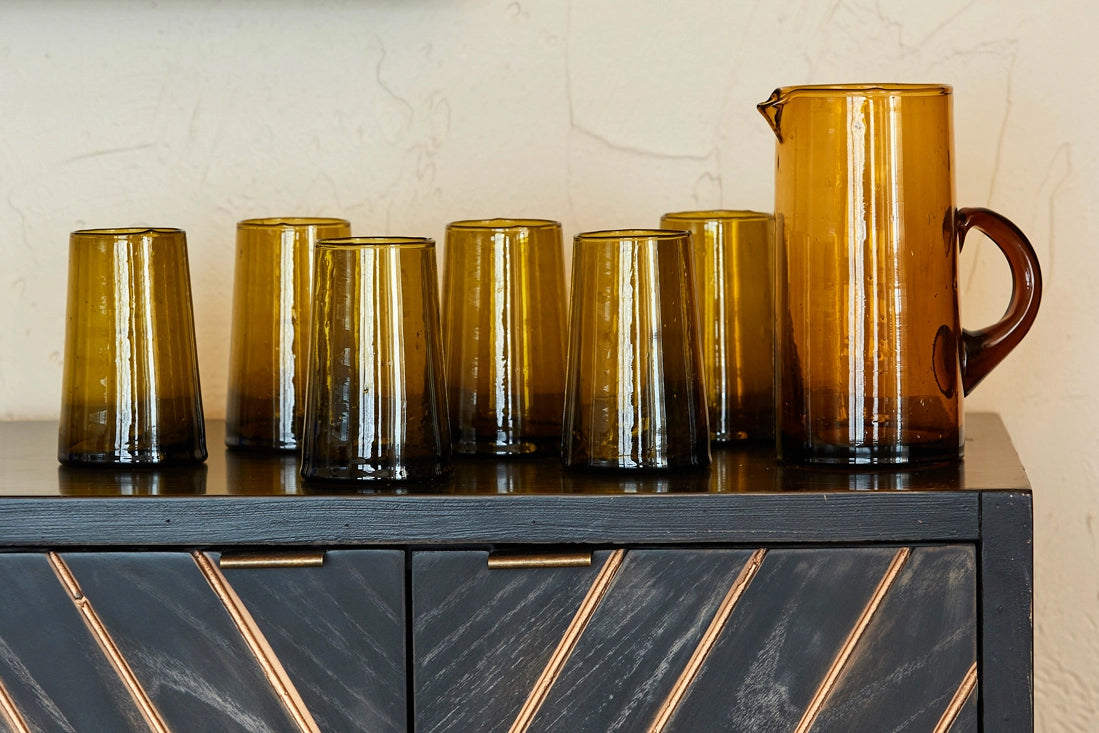 Hand-blown Amber Recycled Glass Pitcher