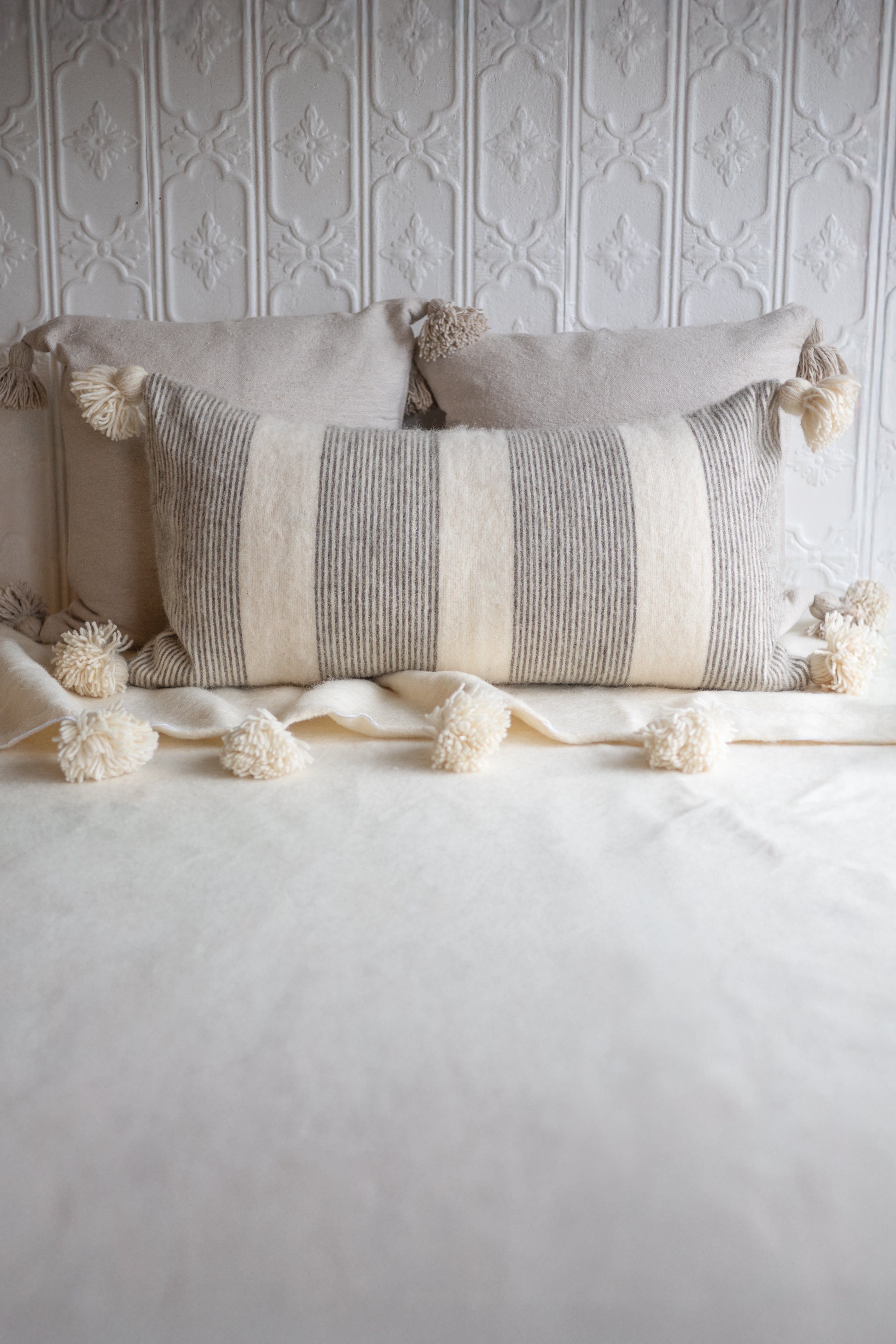Wool Pom-Pom Lumbar Pillow Brown White Pinstripe Decorative