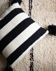 20" Wool Moroccan Pom Pom Pillow - Black + White Broad Stripe