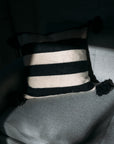 20" Wool Moroccan Pom Pom Pillow - Black + White Broad Stripe