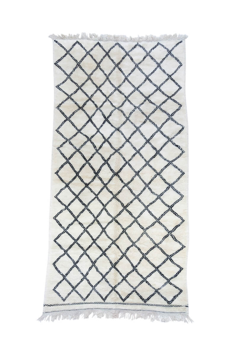 Natural White with Black Double Lattice Beni Ourain Moroccan Rug