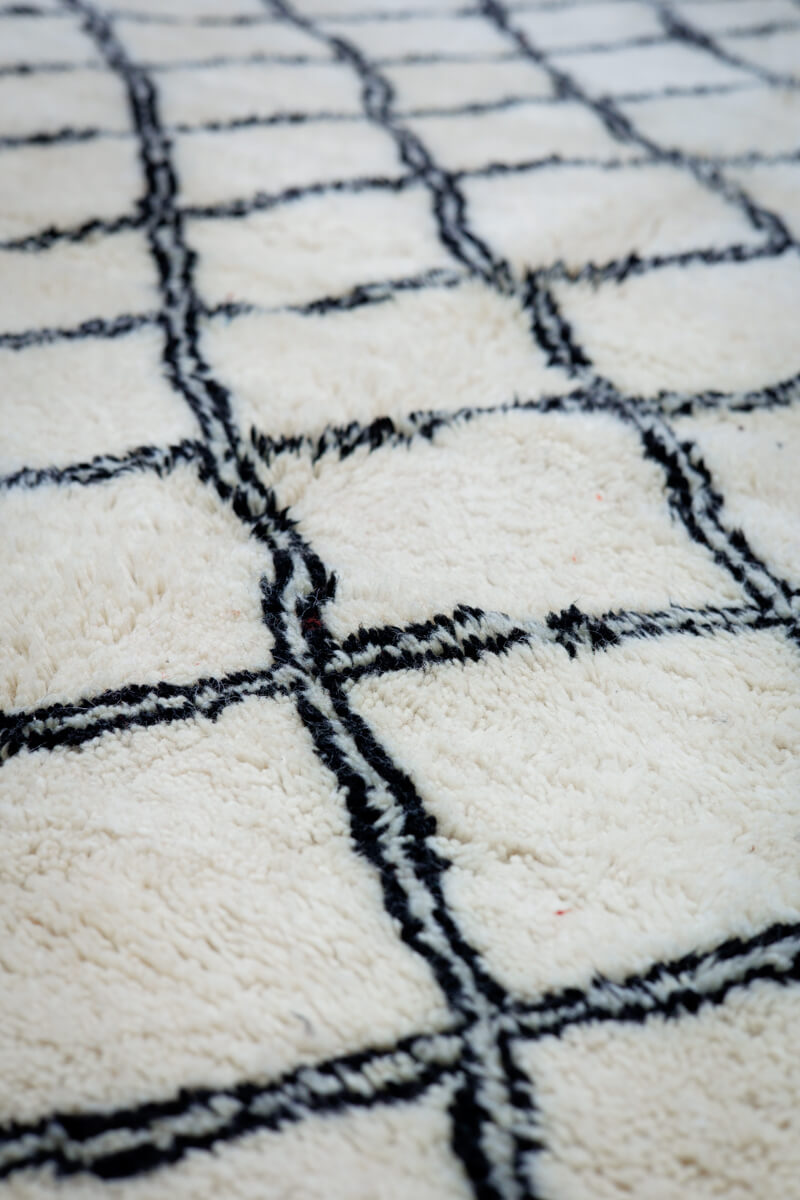 Natural White with Black Double Lattice Beni Ourain Moroccan Rug - 12' x 5'9"