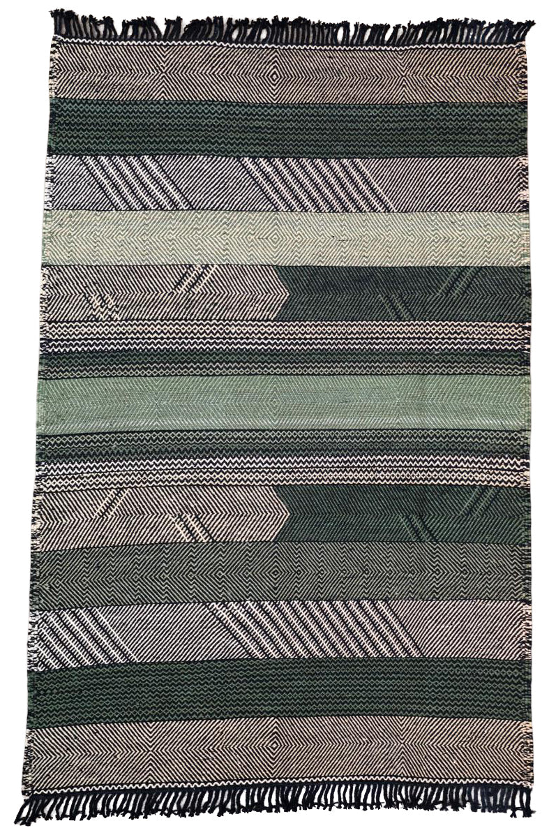 Striped Forest Green Durable Zanafi Flatweave Moroccan Wool Rug OUIVE