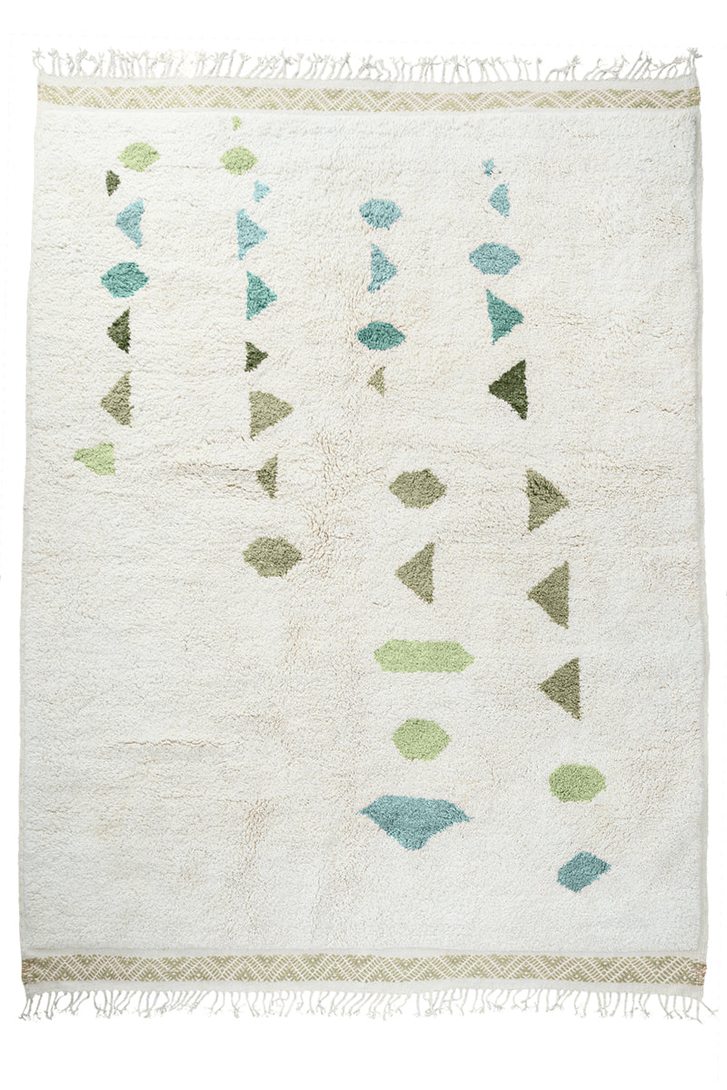 Overhead full size view of Green and white Moroccan Wool Rug