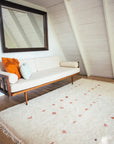 Natural White Moroccan Wool Rug With Beige, Rose, Indian Red, Eggplant & Dusty Rose Linear Dots
