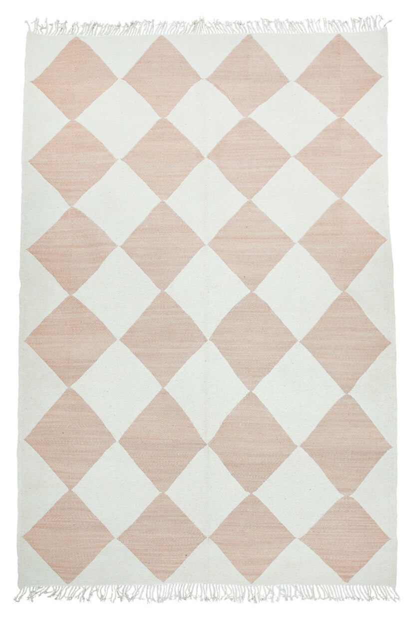DIAMOND Made-to-order Champagne Blush Checker Zanafi Moroccan Wool Rug silouette on white