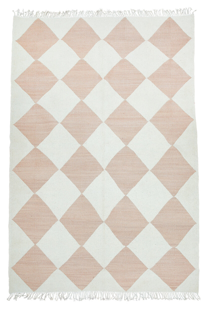 DIAMOND Made-to-order Champagne Blush Checker Zanafi Moroccan Wool Rug silouette on white