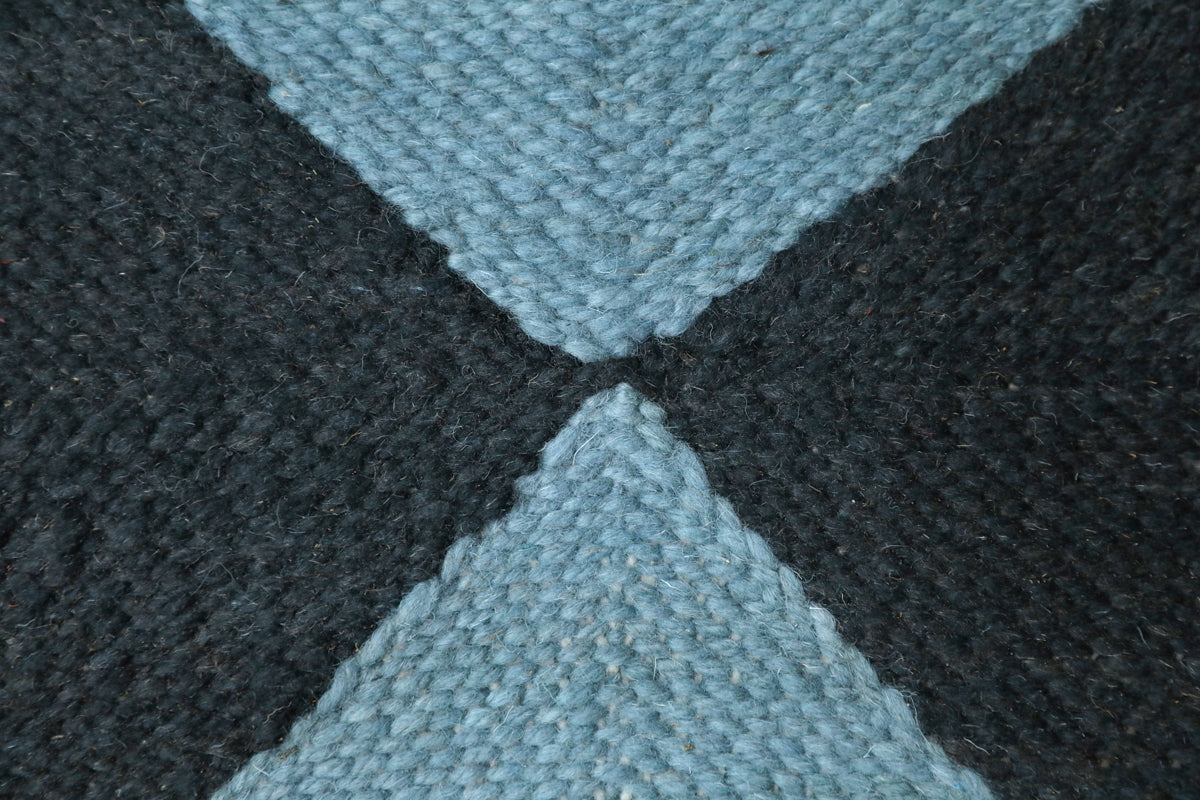 "DIAMOND" Checker Zanafi Flatweave Wool Rug (Made-to-Order) - Light Blue+Black