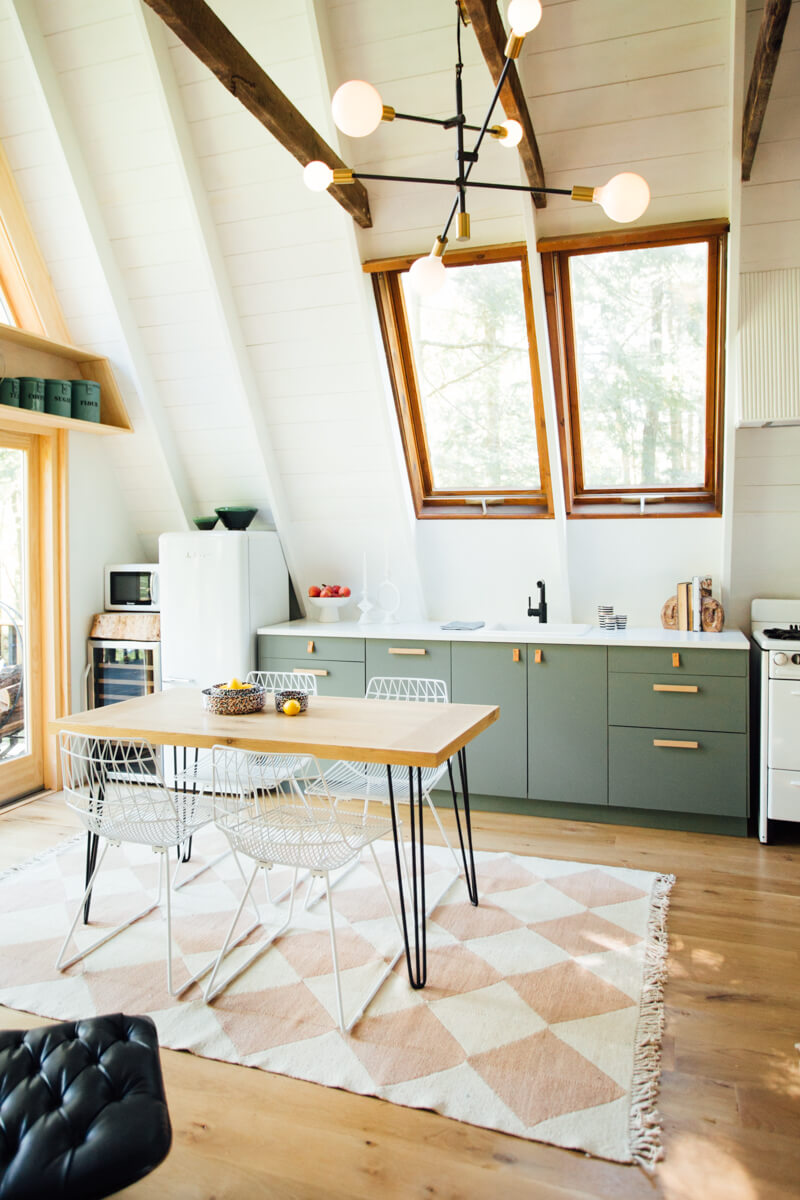 DIAMOND Made-to-order Champagne Blush Checker Zanafi Moroccan Wool Rug styled under kitchen island