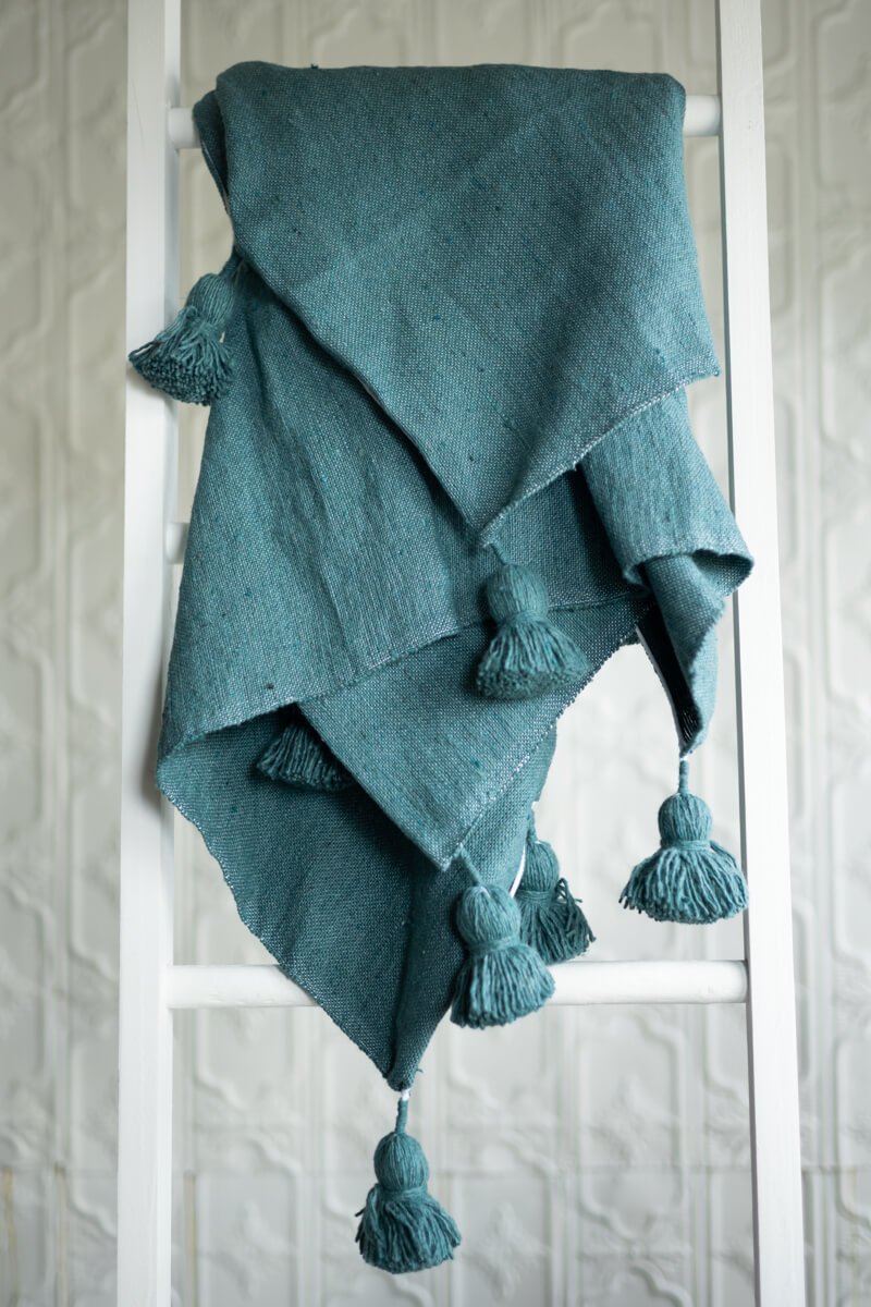 Moroccan Pom Pom Throw Blanket Teal Blue OUIVE Rugs