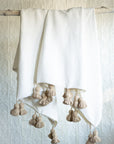 Moroccan Pom Pom Blanket - White with Beige Pom-poms