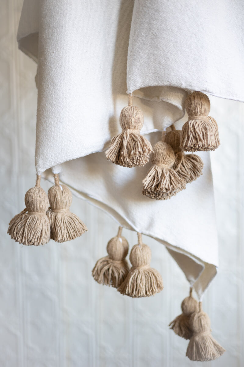 Moroccan Pom Pom Blanket - White with Beige Pom-poms
