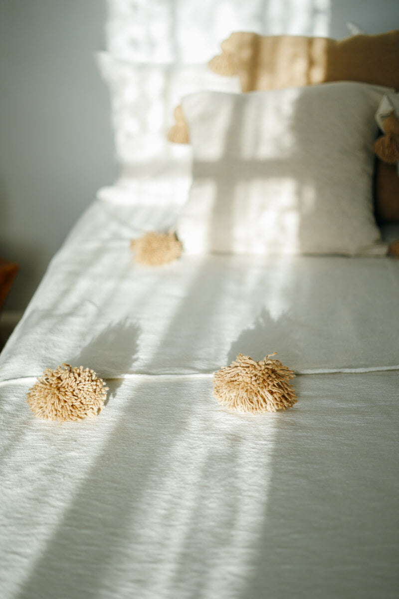 Moroccan Pom Pom Blanket - White with Beige Pom-poms