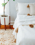 Moroccan Pom Pom Blanket - White with Beige Pom-poms