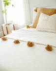 Moroccan Pom Pom Blanket - White with Beige Pom-poms