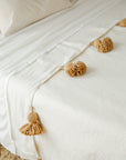 Moroccan Pom Pom Blanket - White with Beige Pom-poms