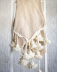 Moroccan Pom Pom Throw Blanket Cotton with Long Wool Tassels - Beige and Natural White