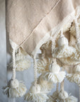 Moroccan Pom Pom Throw Blanket Cotton with Long Wool Tassels - Beige and Natural White