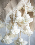 Moroccan Pom Pom Throw Blanket Cotton with Long Wool Tassels - Beige and Natural White