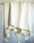 Moroccan Pom Pom Wool Blanket - Natural White with Black Stripes