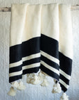 Moroccan Pom Pom Wool Blanket - Natural White with Black Stripes
