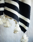 Moroccan Pom Pom Wool Blanket - Natural White with Black Stripes