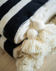 Moroccan Pom Pom Wool Blanket - Natural White with Black Stripes