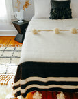 Moroccan Pom Pom Wool Blanket - Natural White with Black Stripes