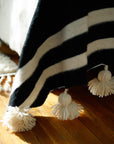 Moroccan Pom Pom Wool Blanket - Natural White with Black Stripes
