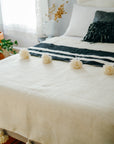 Moroccan Pom Pom Wool Blanket - Natural White with Black Stripes