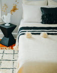 Moroccan Pom Pom Wool Blanket - Natural White with Black Stripes