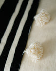 Moroccan Pom Pom Wool Blanket - Natural White with Black Stripes