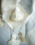 Moroccan Pom Pom Wool Throw Blanket - Ice Grey and Natural White