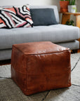 Toffee Hand-made natural leather pouf cube
