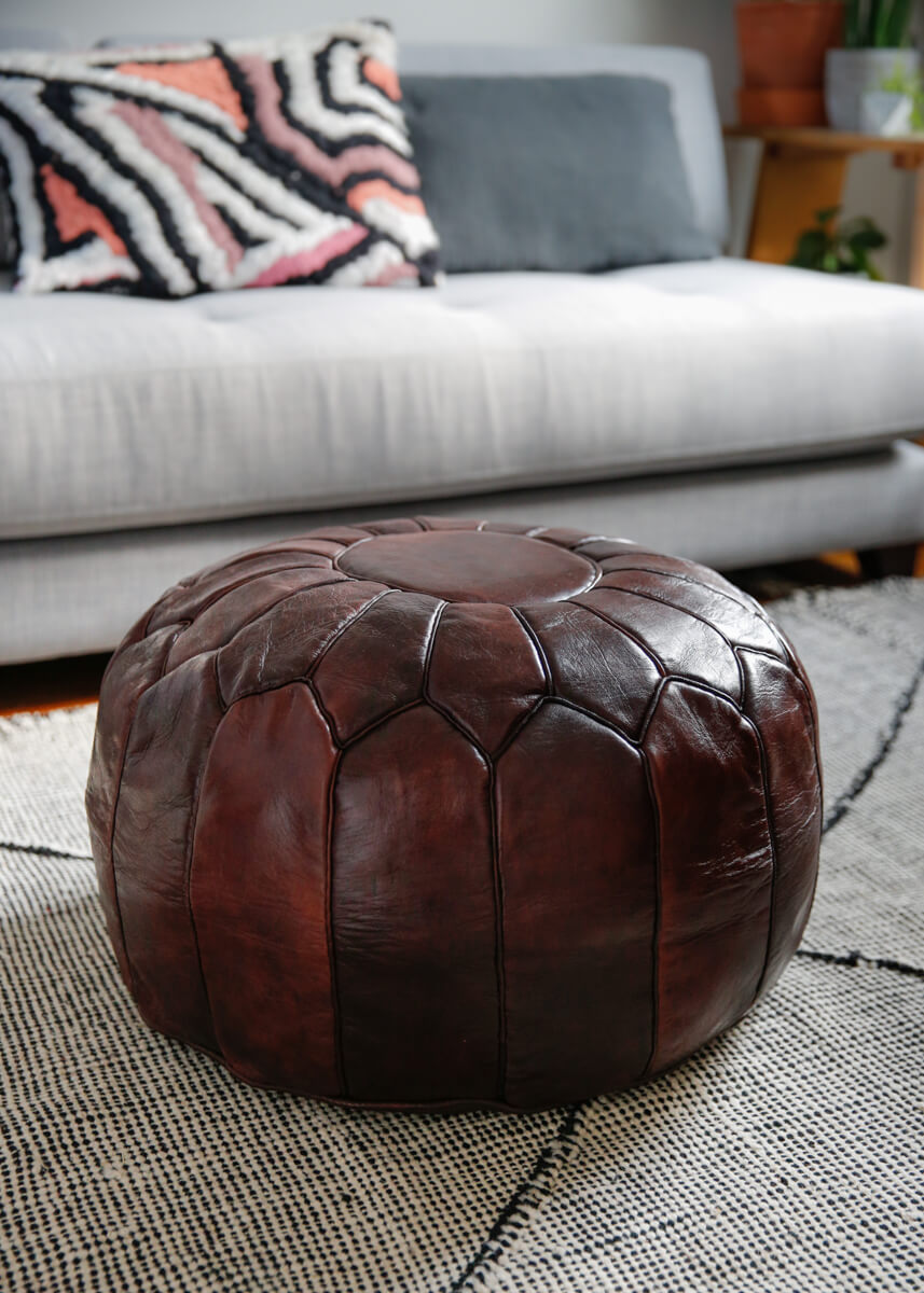 Mahogany Luxury round natural leather pouf - 22" x 14" inches