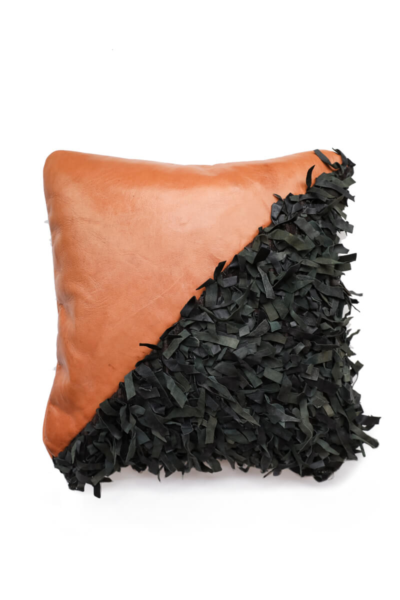 Geometric Shag Leather Decorative Pillow - Chestnut - 18 x 18" inches